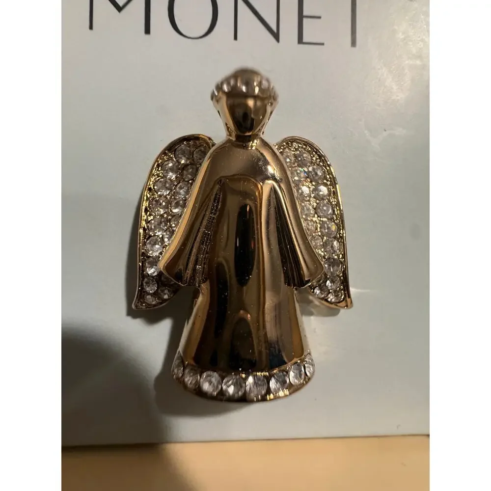 Vintage Signed Monet Gold Tone Rhinestone Angel Brooch With Original Box